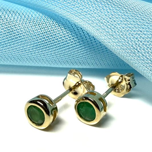 Real Green Emerald Stud Earrings 9ct Yellow Gold – Round Cut 4.5mm | May Birthstone Gift