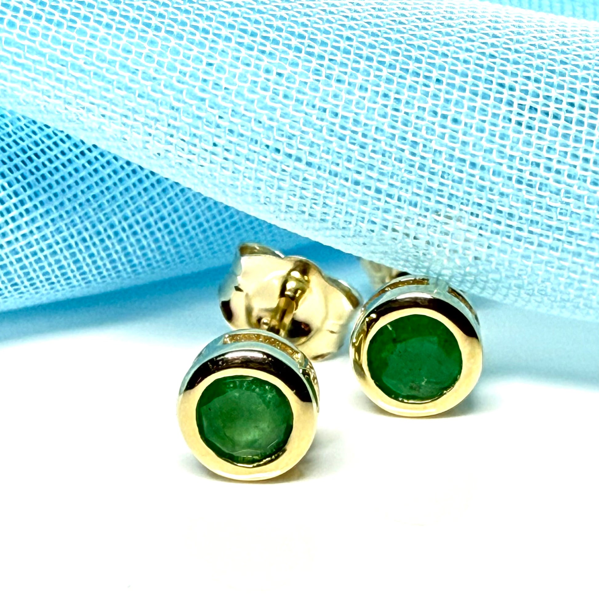 Real Green Emerald Stud Earrings 9ct Yellow Gold – Round Cut 4.5mm | May Birthstone Gift