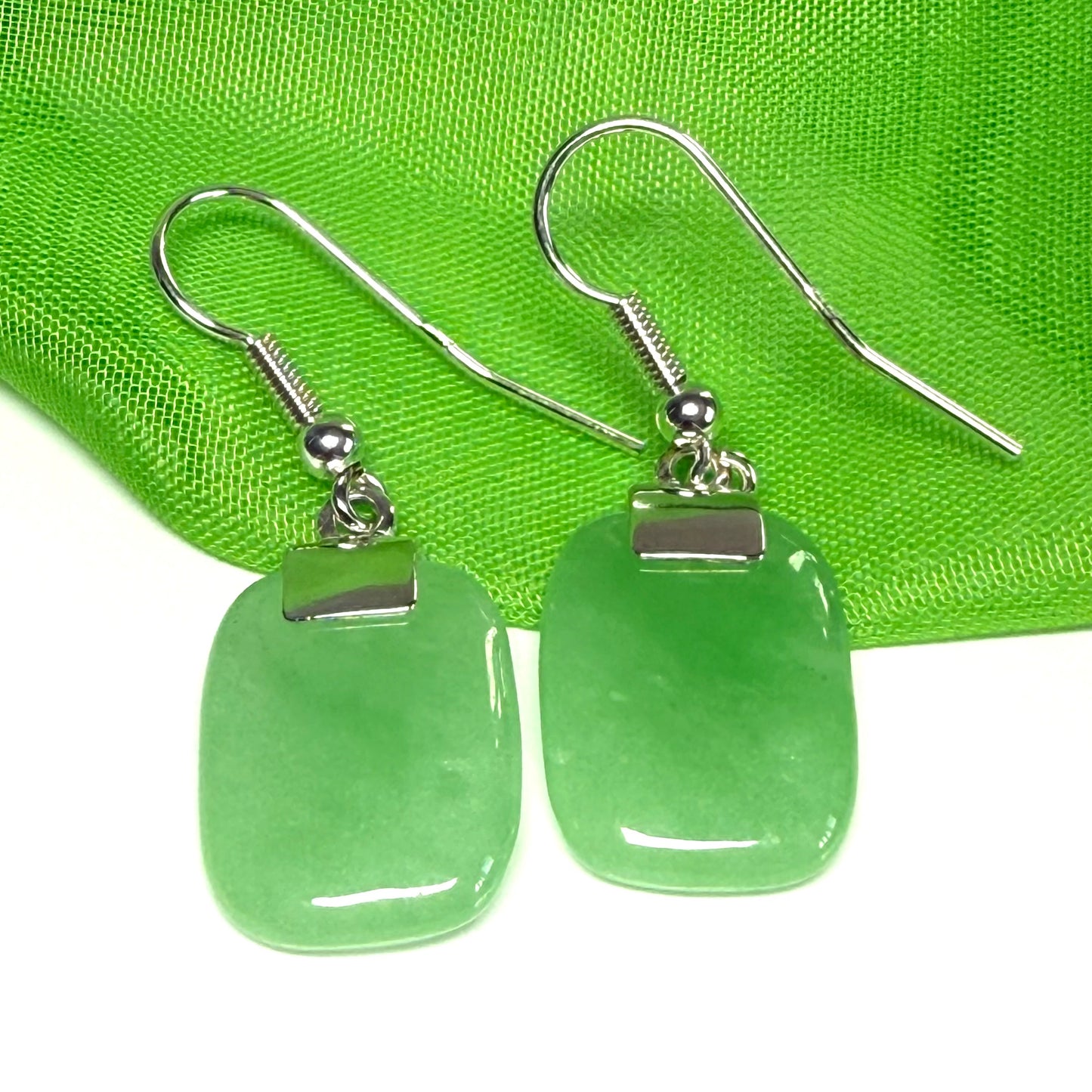 Real Green Jade Drop Earrings Sterling Silver With Cushion Shaped Stones