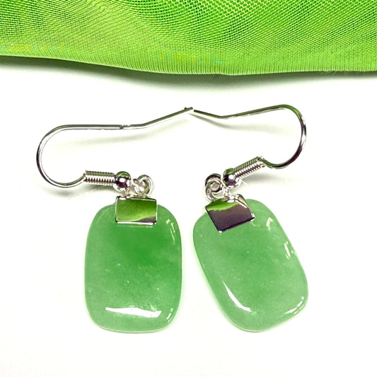 Real Green Jade Drop Earrings Sterling Silver With Cushion Shaped Stones
