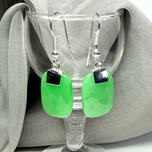 Real Green Jade Drop Earrings With Cushion Shaped Stones Sterling Silver