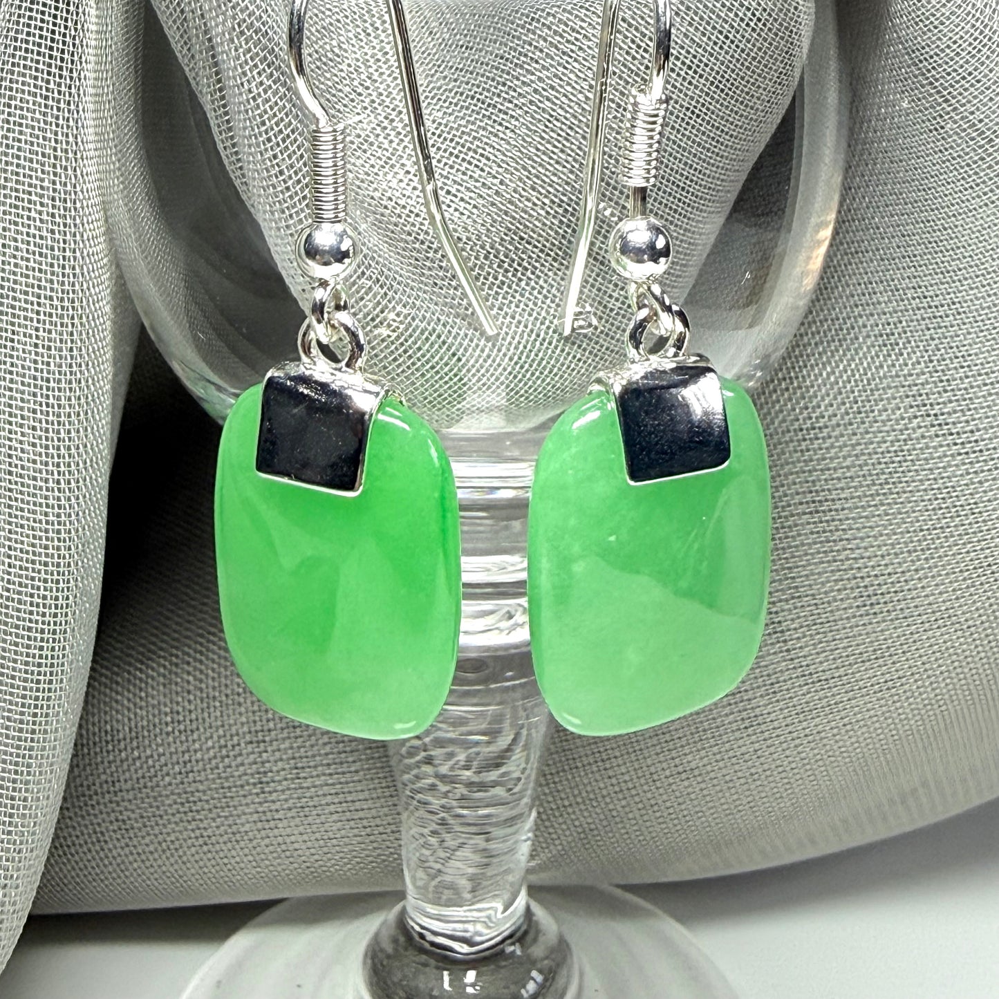 Real Green Jade Drop Earrings With Cushion Shaped Stones Sterling Silver