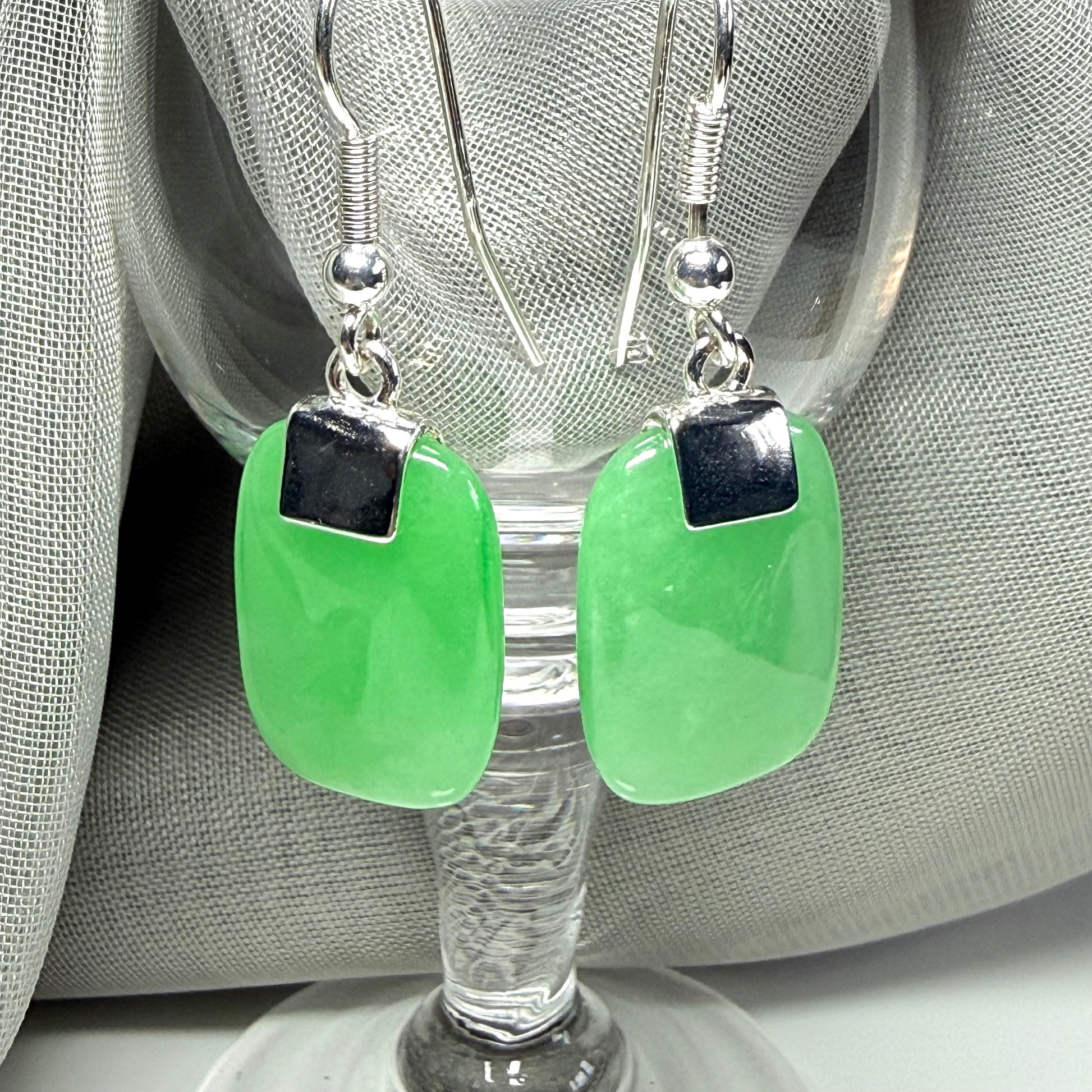 Real Green Jade Drop Earrings With Cushion Shaped Stones Sterling Silver