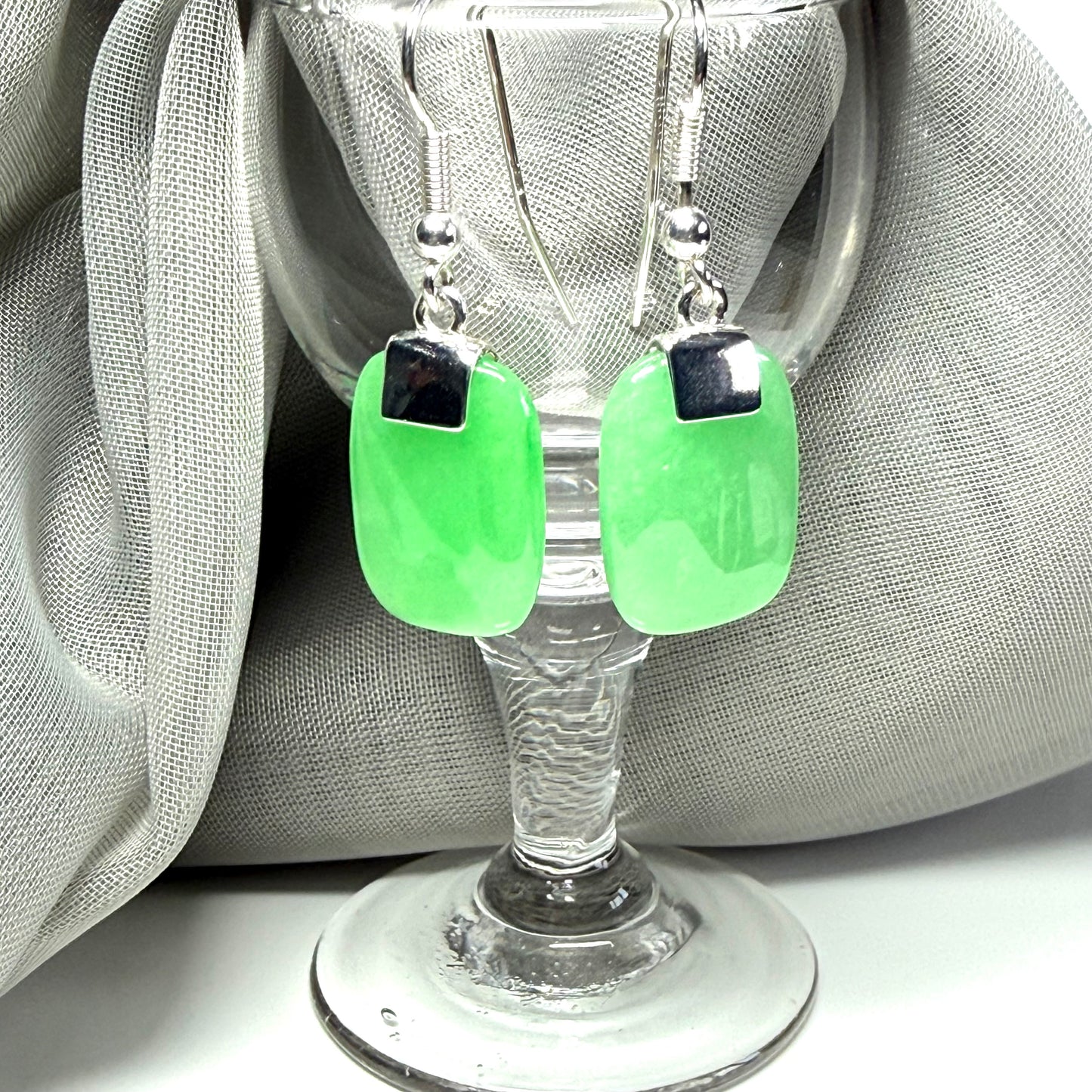 Real Green Jade Drop Earrings With Cushion Shaped Stones Sterling Silver