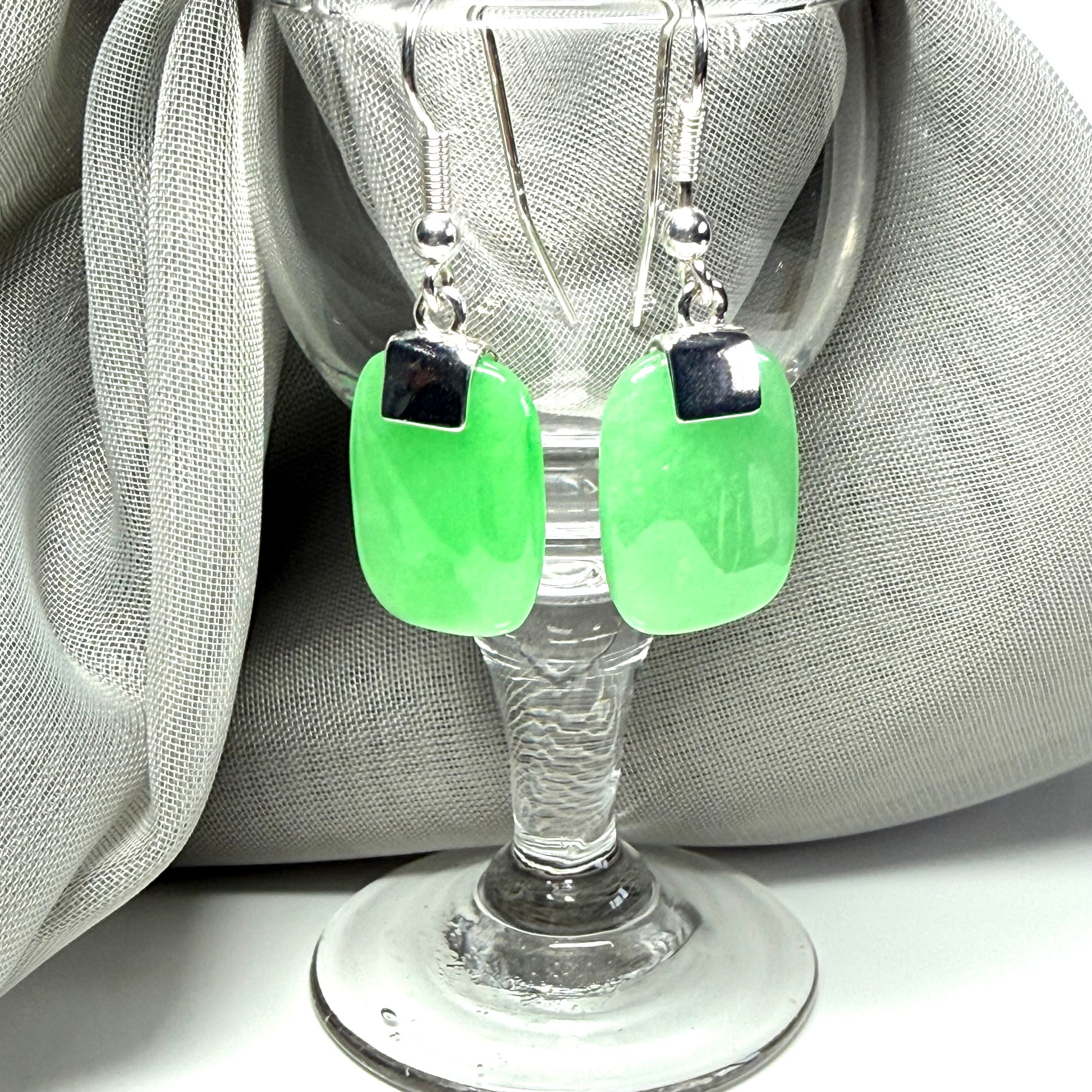 Real Green Jade Drop Earrings With Cushion Shaped Stones Sterling Silver