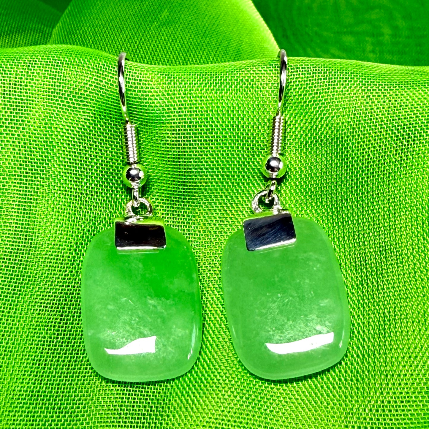 Real Green Jade Drop Earrings Sterling Silver With Cushion Shaped Stones