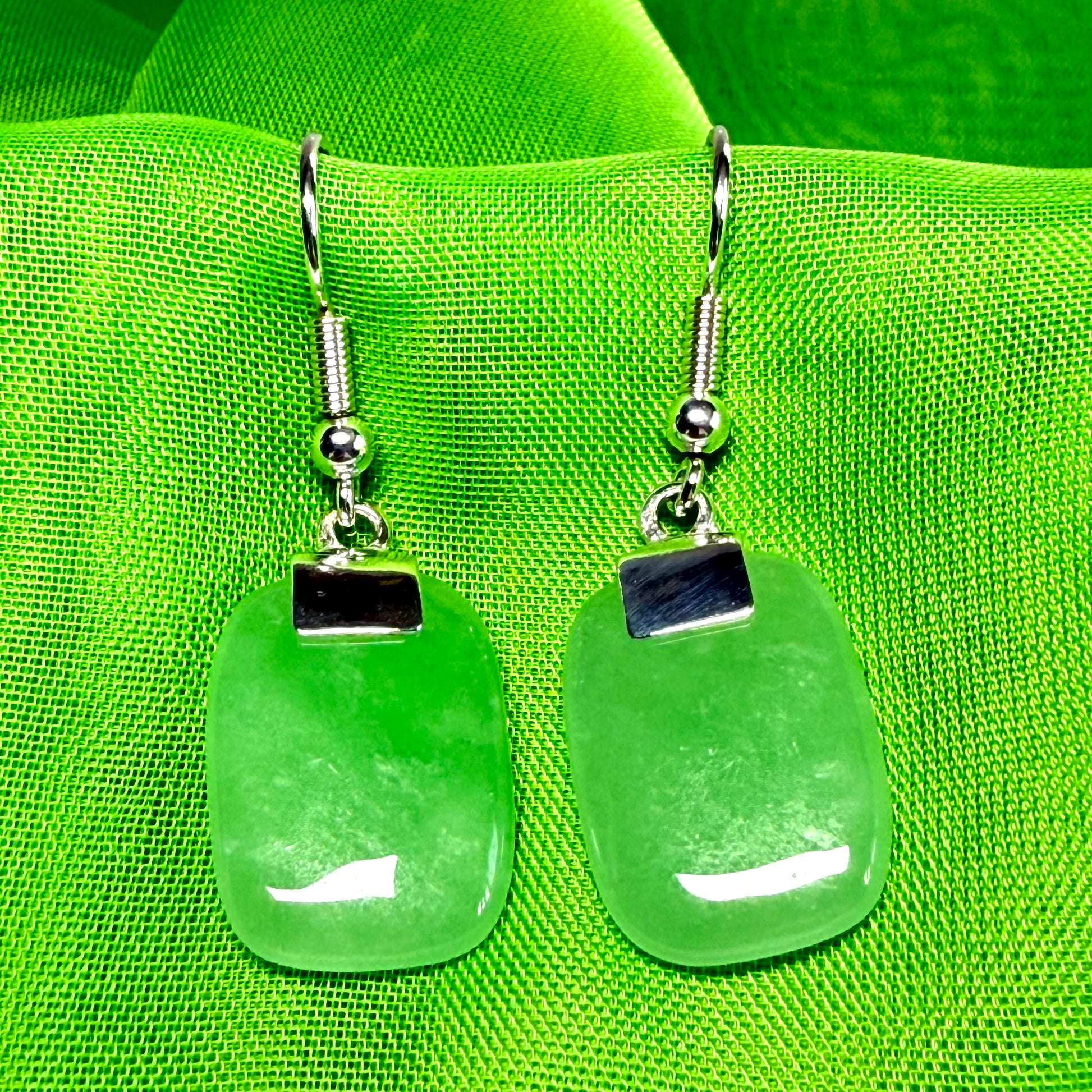 Real Green Jade Drop Earrings Sterling Silver With Cushion Shaped Stones