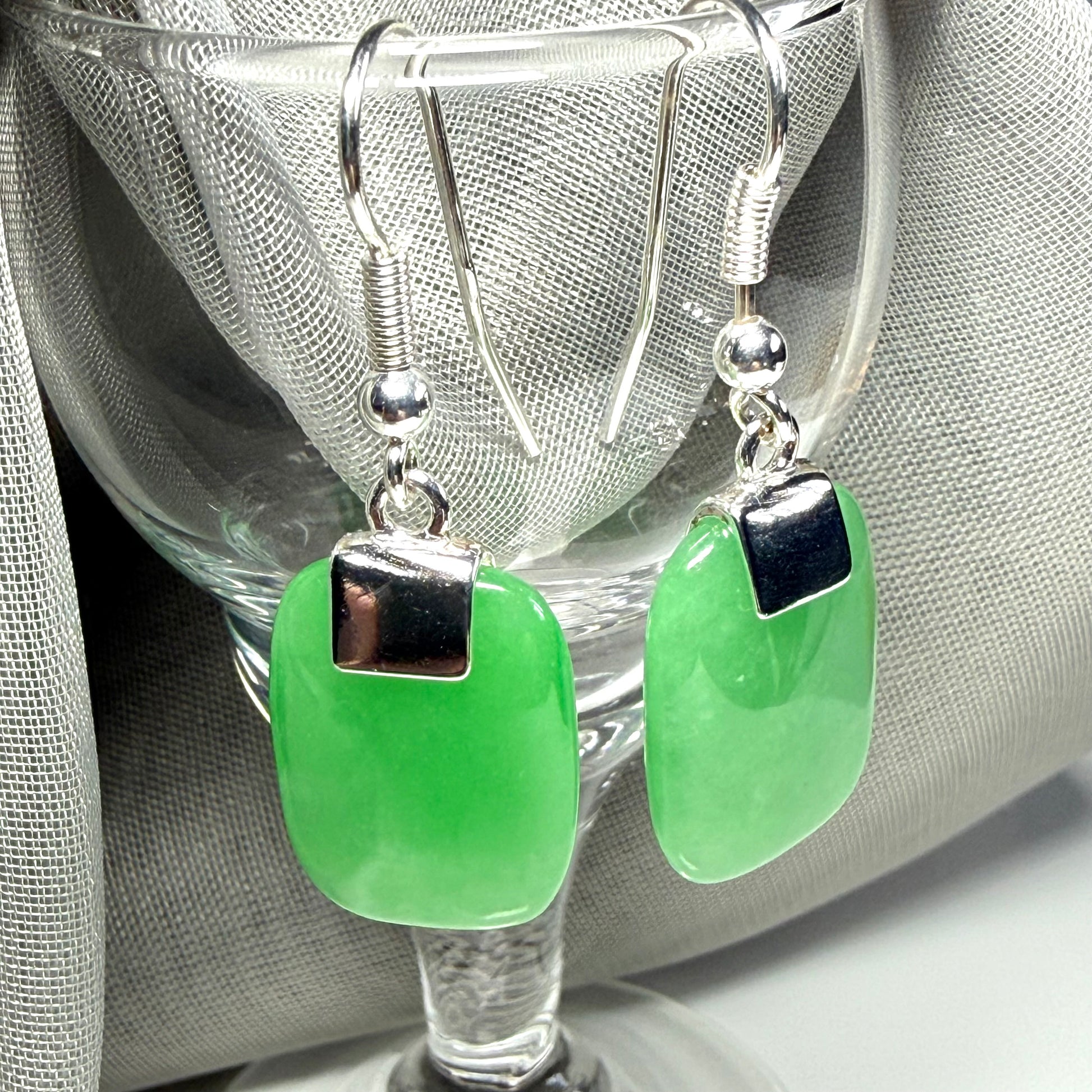 Real Green Jade Drop Earrings With Cushion Shaped Stones Sterling Silver