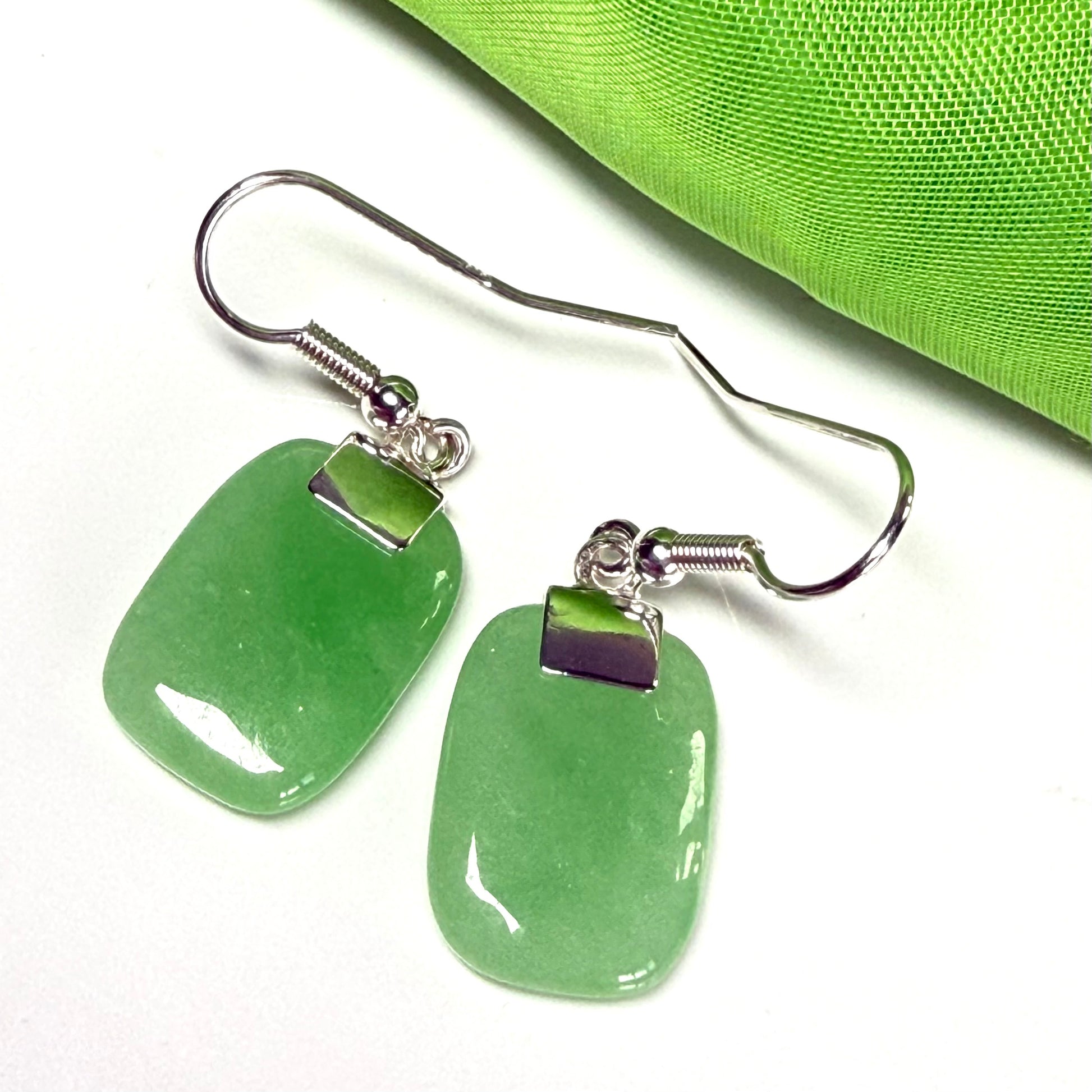Real Green Jade Drop Earrings Sterling Silver With Cushion Shaped Stones