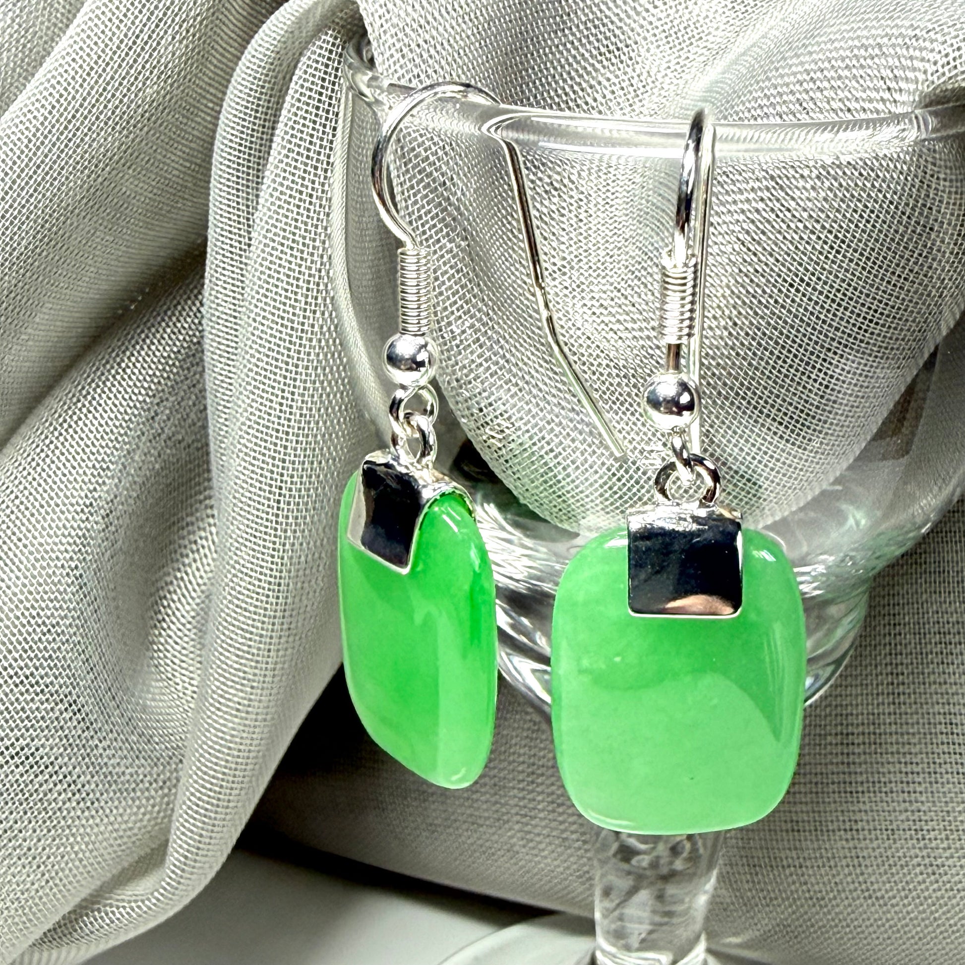 Real Green Jade Drop Earrings With Cushion Shaped Stones Sterling Silver
