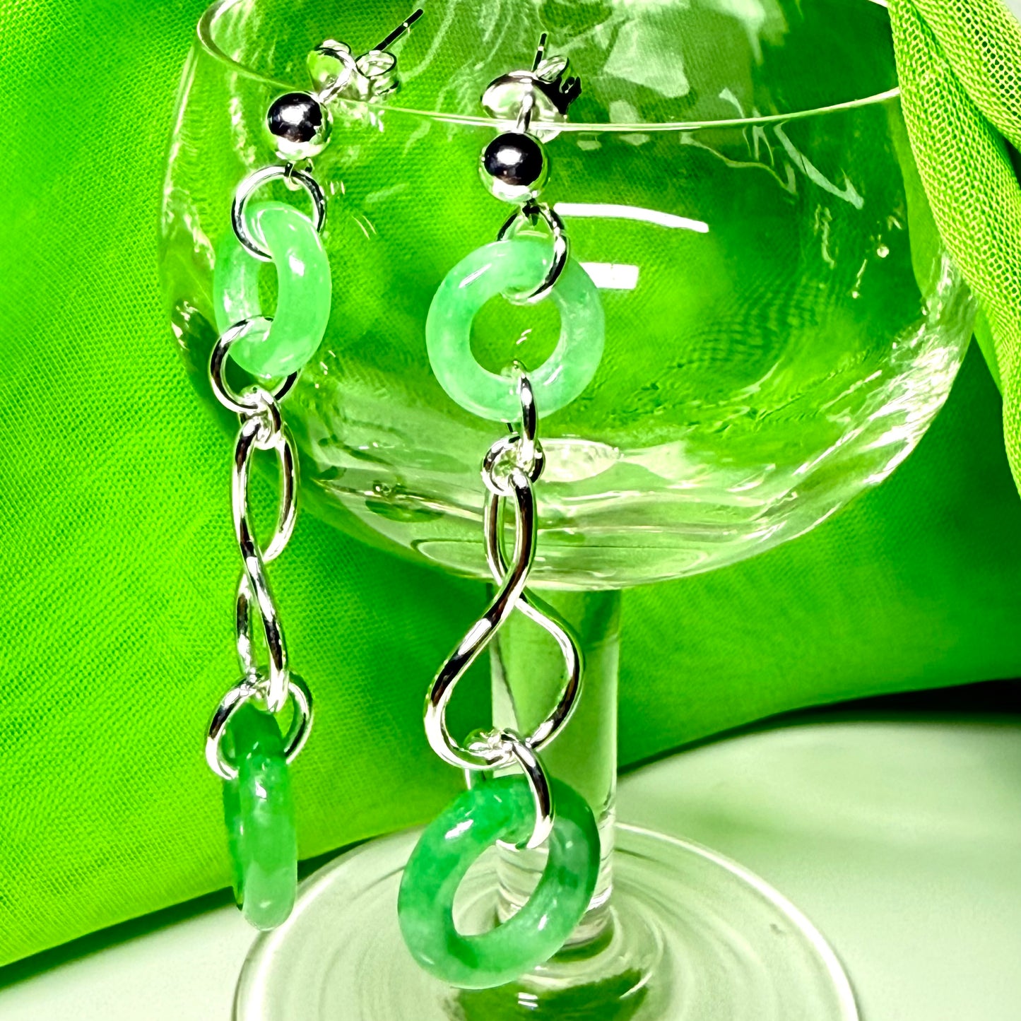 Green Jade Round Sterling Silver Double Drop Earrings