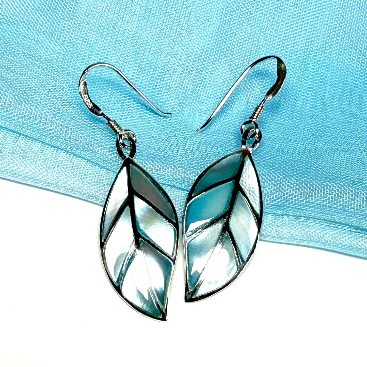 Real Mother of Pearl drop earrings light blue leaf shaped sterling silver