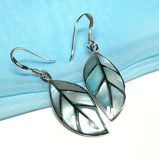Real Mother of Pearl drop earrings light blue leaf shaped sterling silver