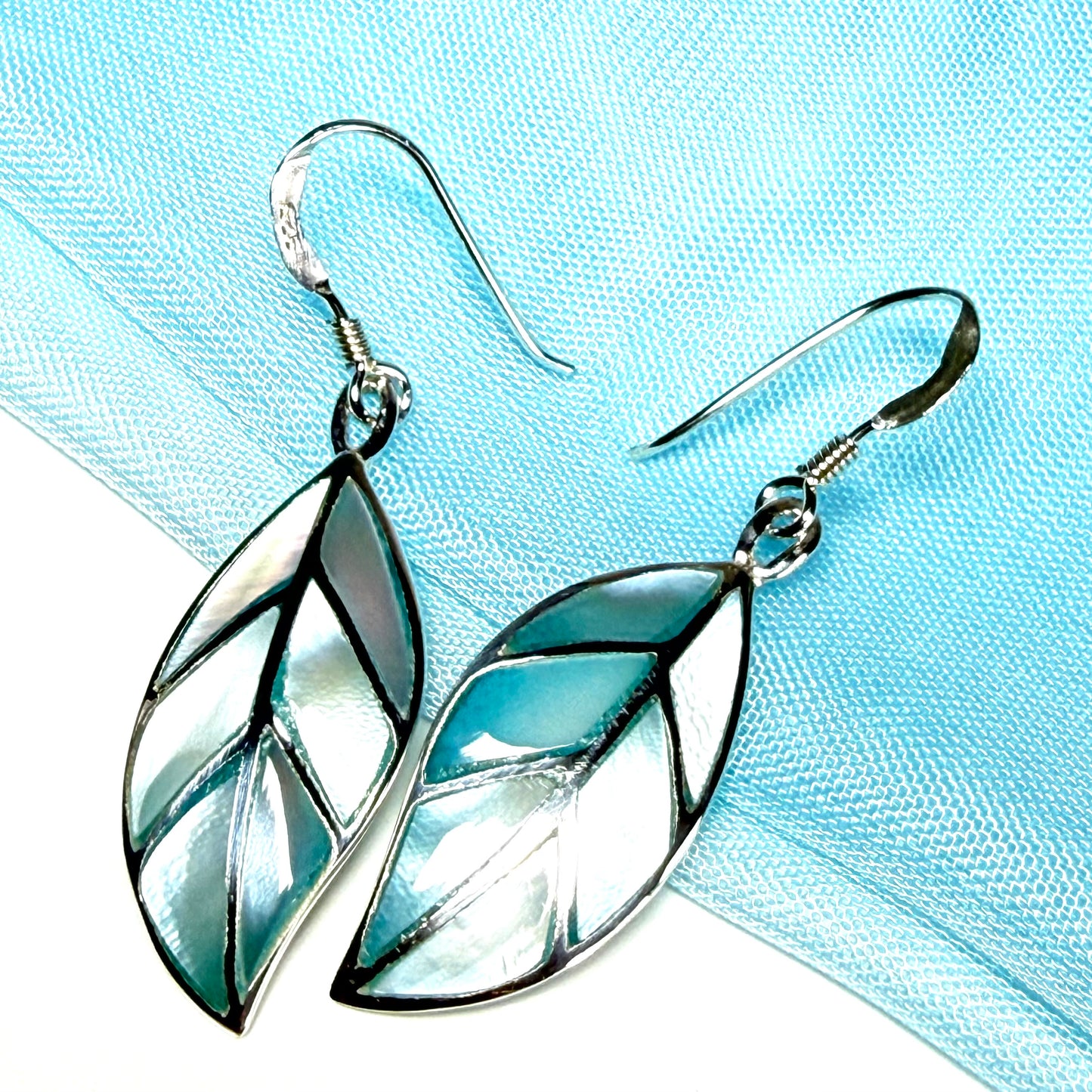 Real Mother of Pearl drop earrings light blue leaf shaped sterling silver