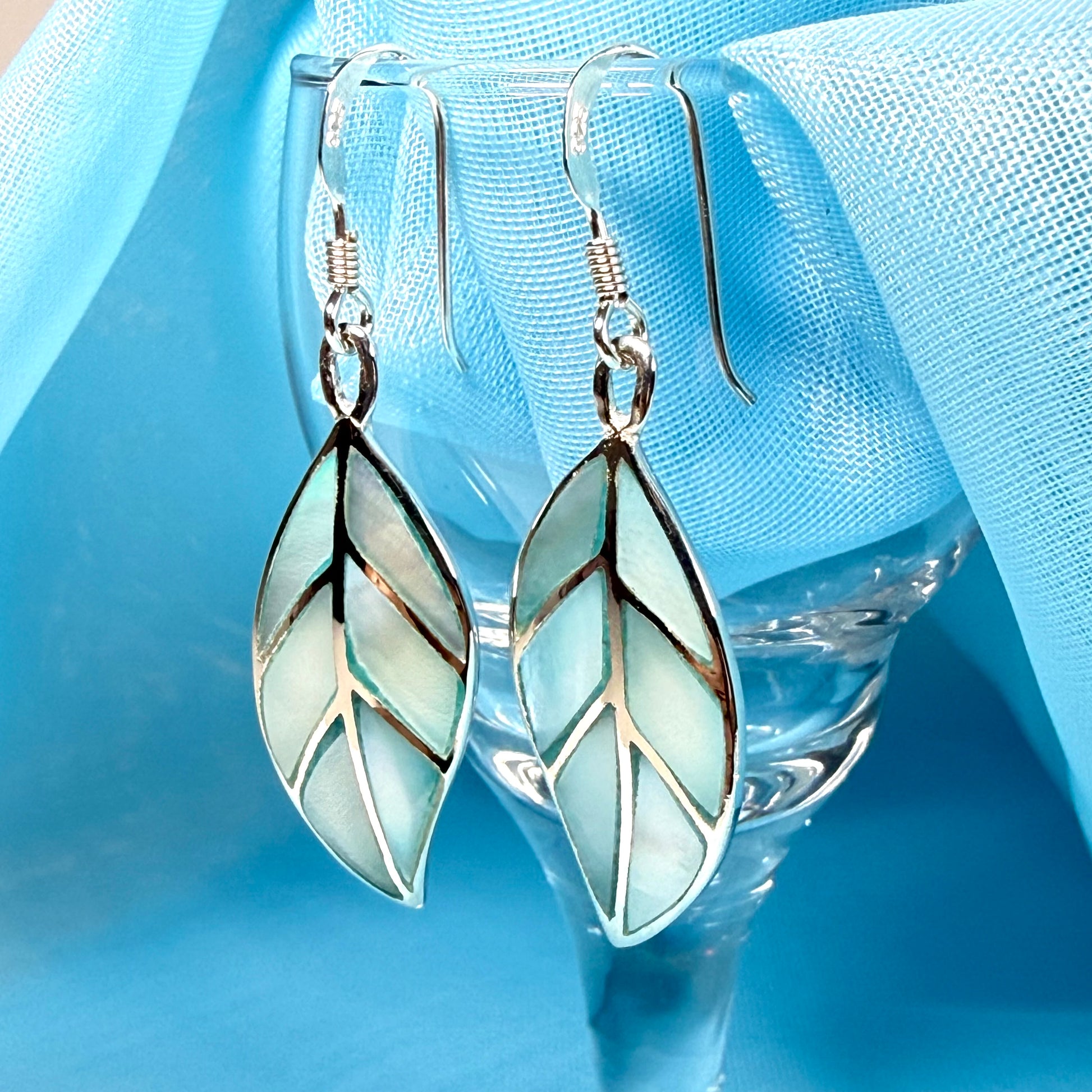 Real Mother of Pearl drop earrings light blue leaf shaped sterling silver