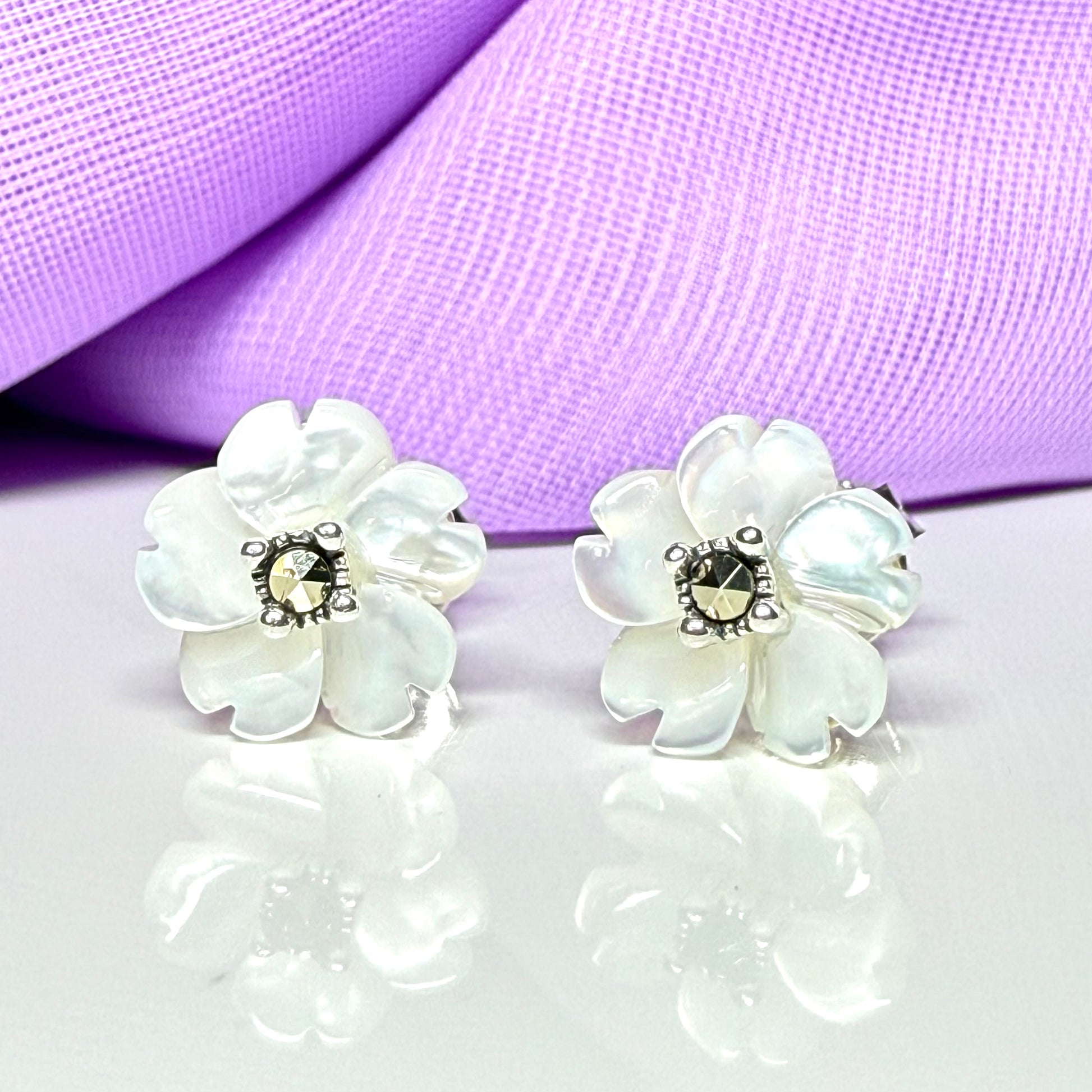 Real Mother of Pearl earrings petal flower shaped stud sterling silver
