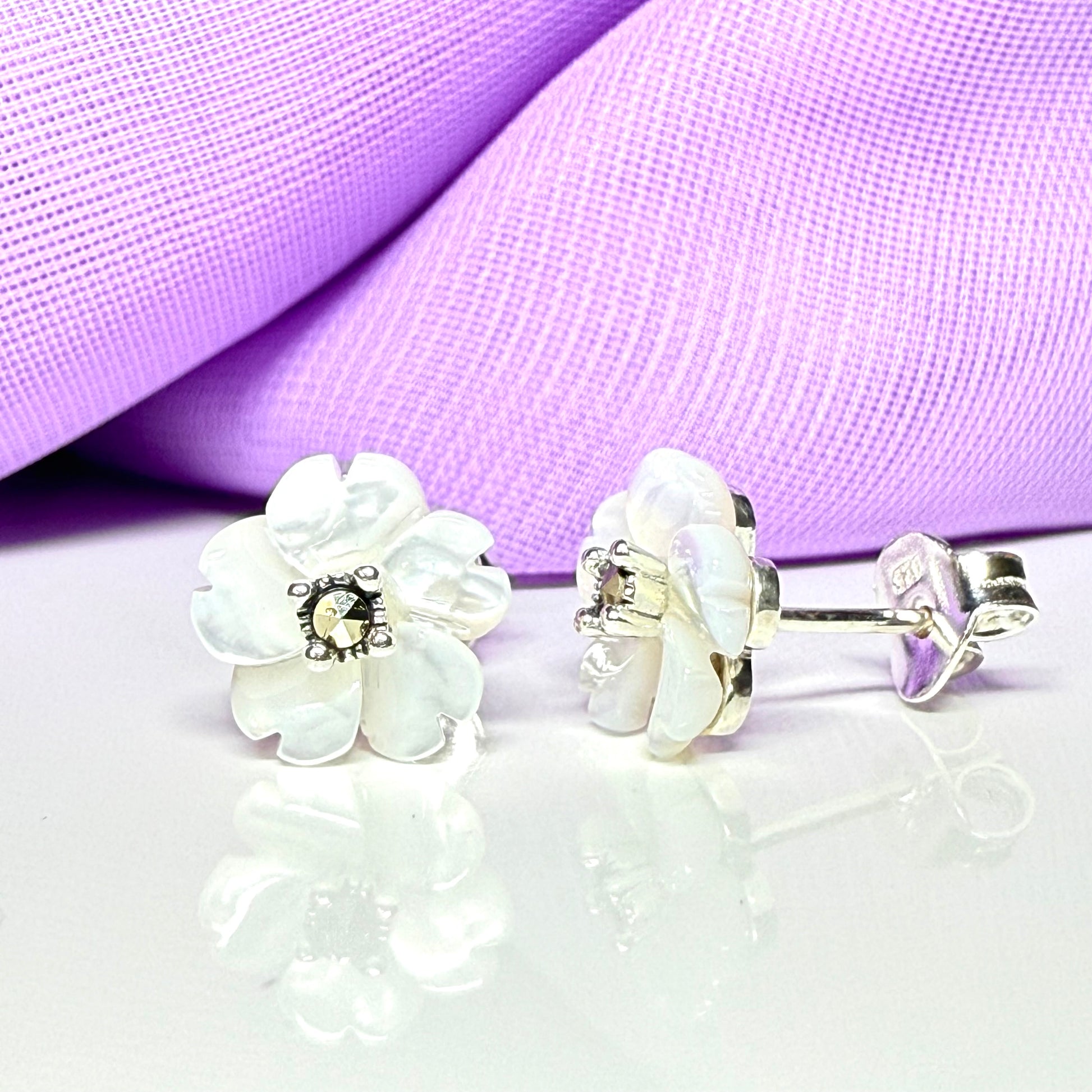 Real Mother of Pearl earrings petal flower shaped stud sterling silver