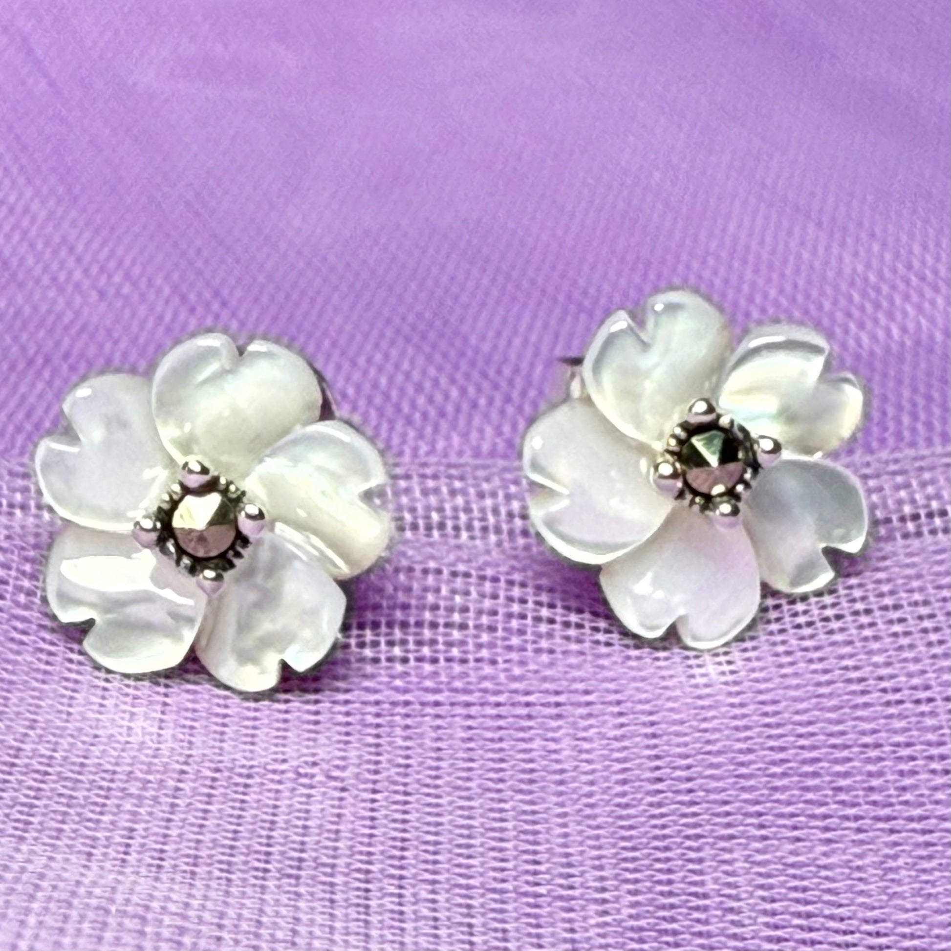 Real Mother of Pearl earrings petal flower shaped stud sterling silver
