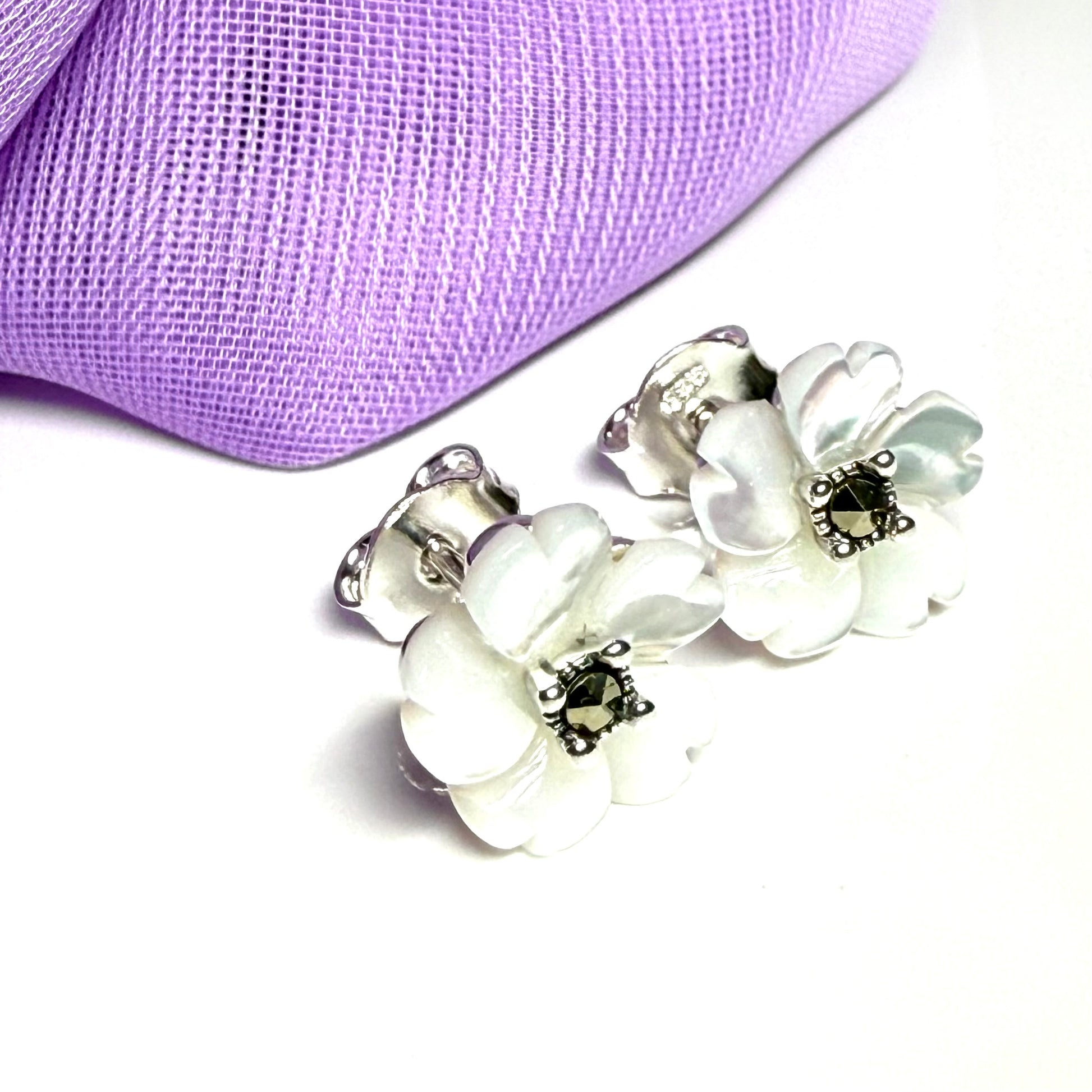 Real Mother of Pearl earrings petal flower shape stud sterling silver, beautiful