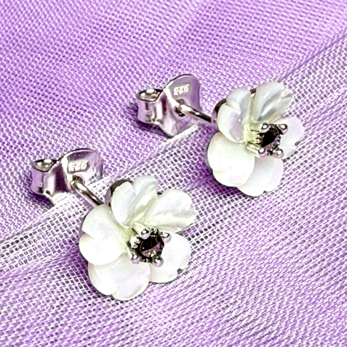 Real Mother of Pearl earrings petal flower shaped stud sterling silver