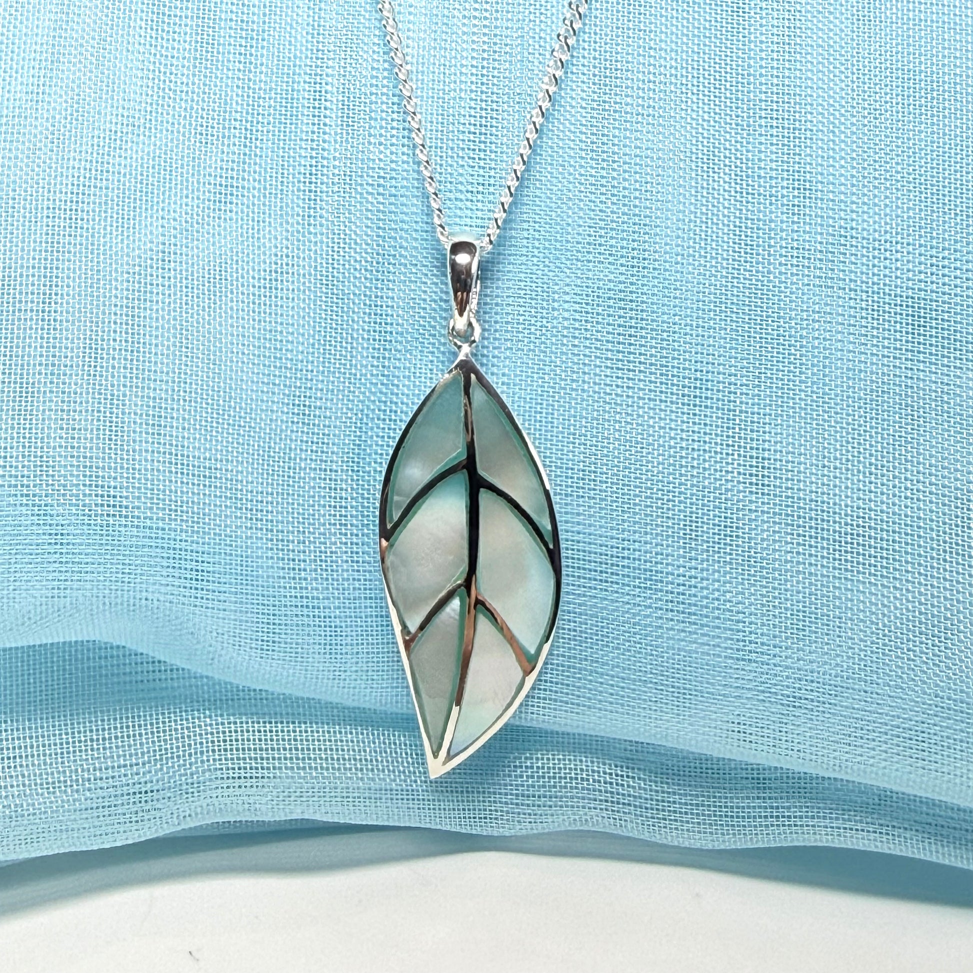 Real Mother of Pearl necklace light blue leaf shaped pendant