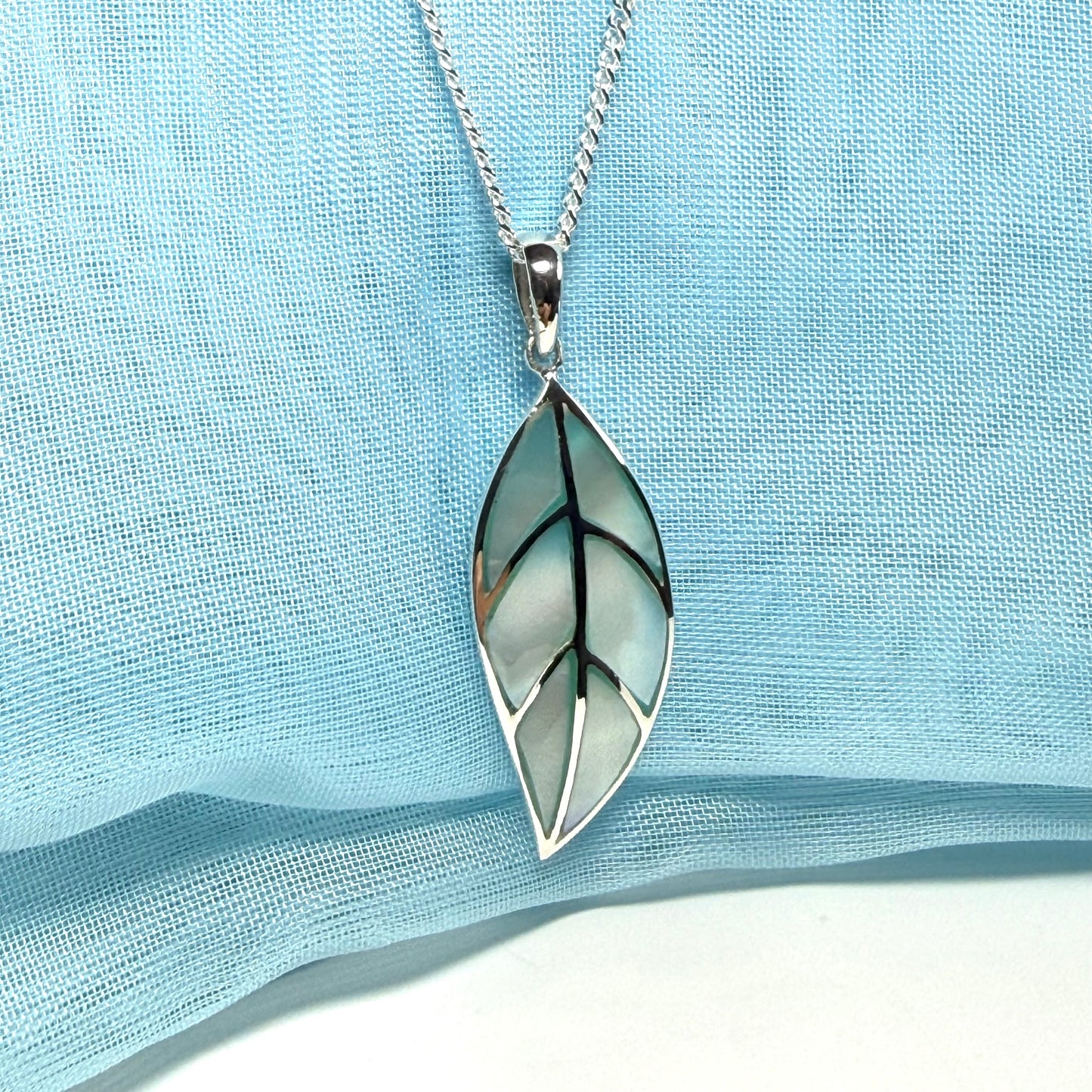 Real Mother of Pearl necklace light blue leaf shaped pendant