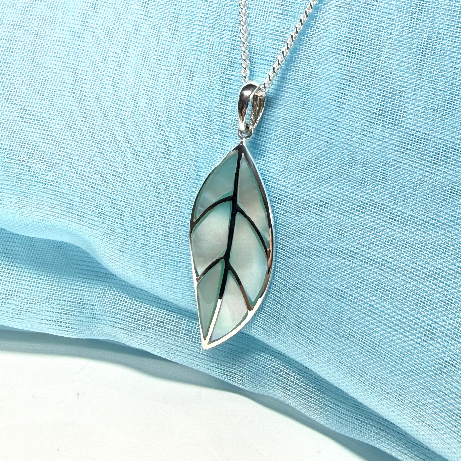 Real Mother of Pearl necklace light blue leaf shaped pendant