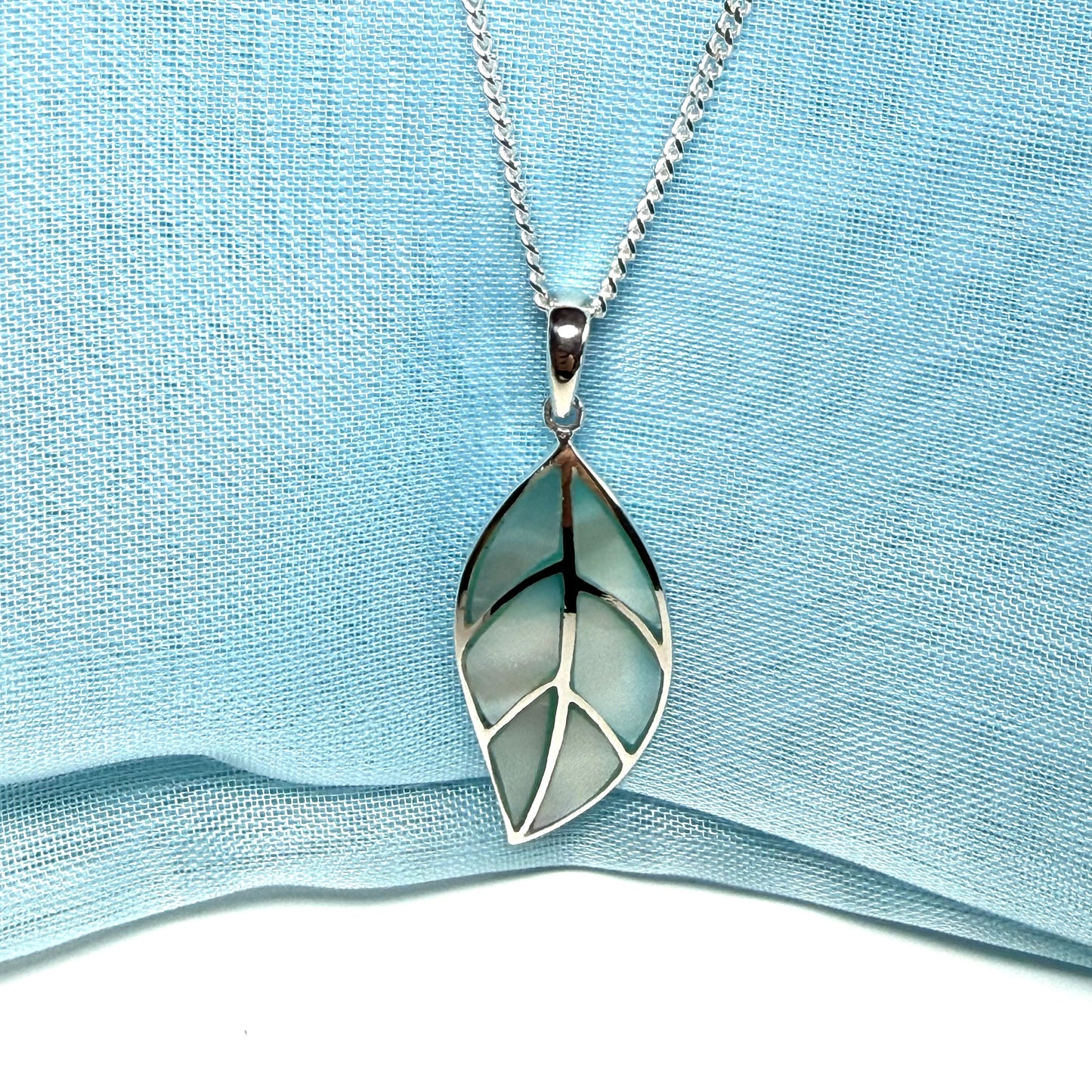 Real Mother of Pearl necklace light blue leaf shaped pendant