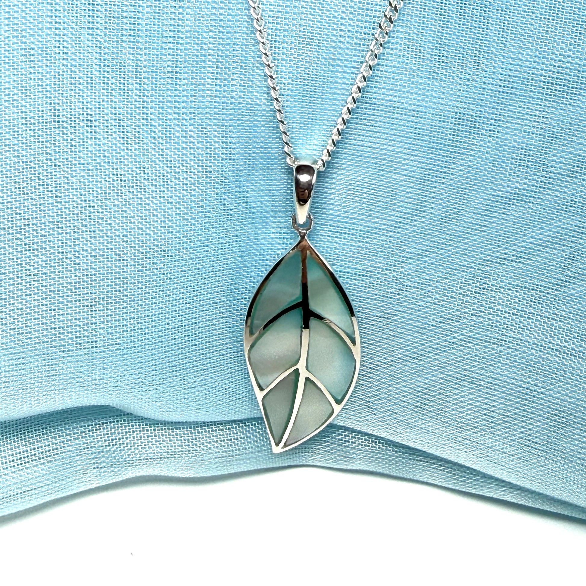 Real Mother of Pearl necklace light blue leaf shaped pendant