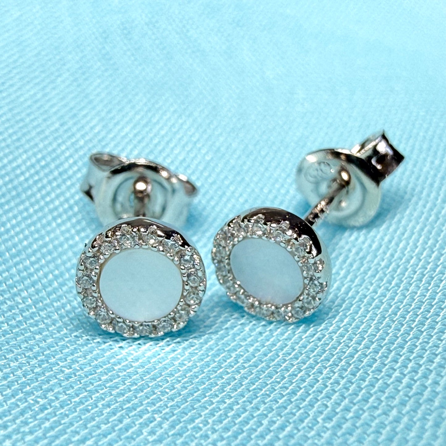Real Mother of Pearl round stud earrings sterling silver cubic zirconia