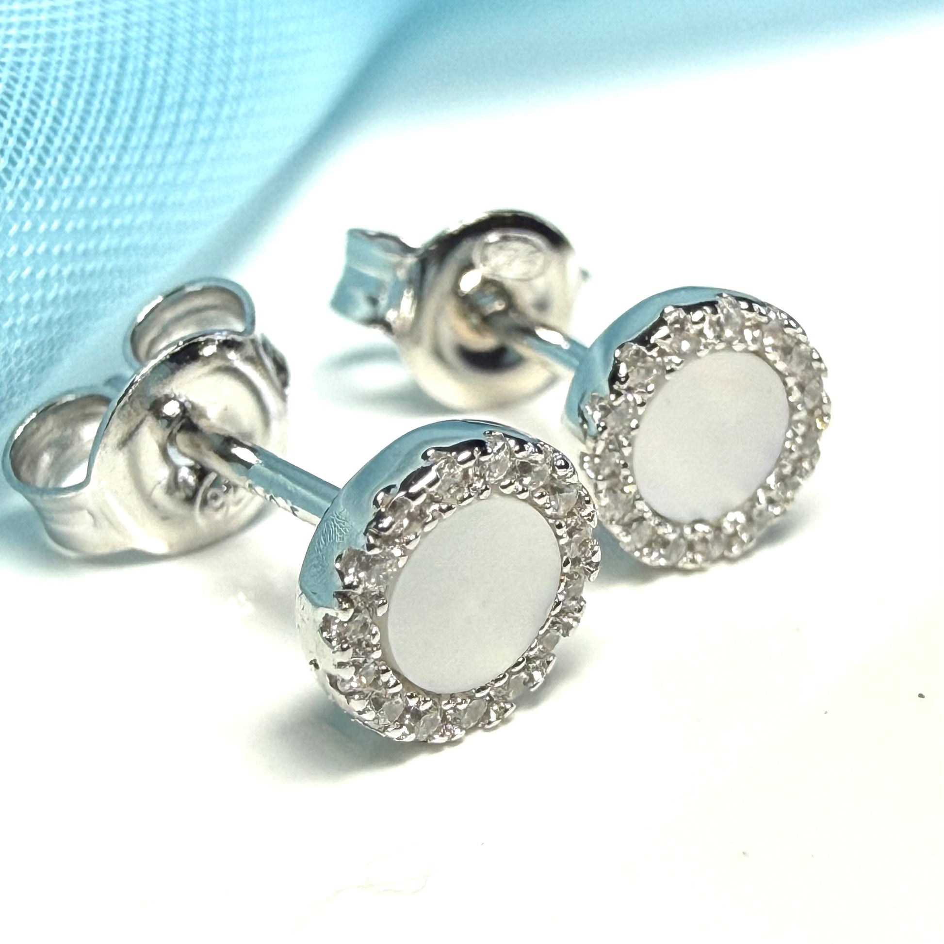 Real Mother of Pearl round stud earrings sterling silver cubic zirconia