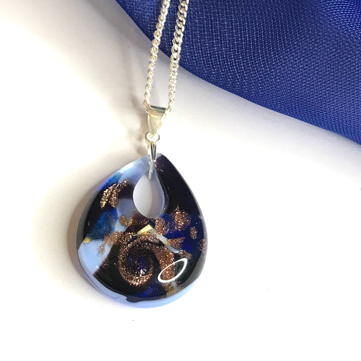 Real Murano Glass Necklace Tear Drop Shaped Blue And Golden Pendant Pink