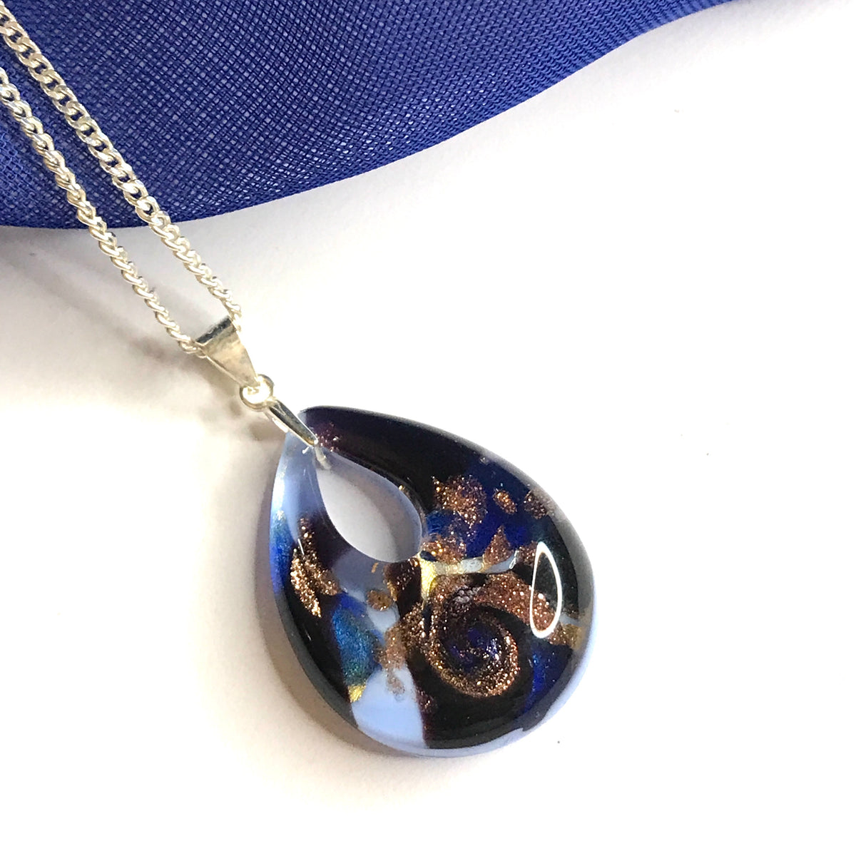 Real Murano Glass Necklace Tear Drop Shaped Blue And Golden Pendant Pink