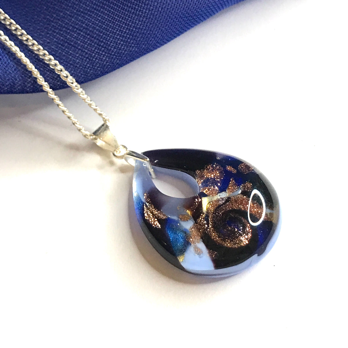 Real Murano Glass Necklace Tear Drop Shaped Blue And Golden Pendant Pink