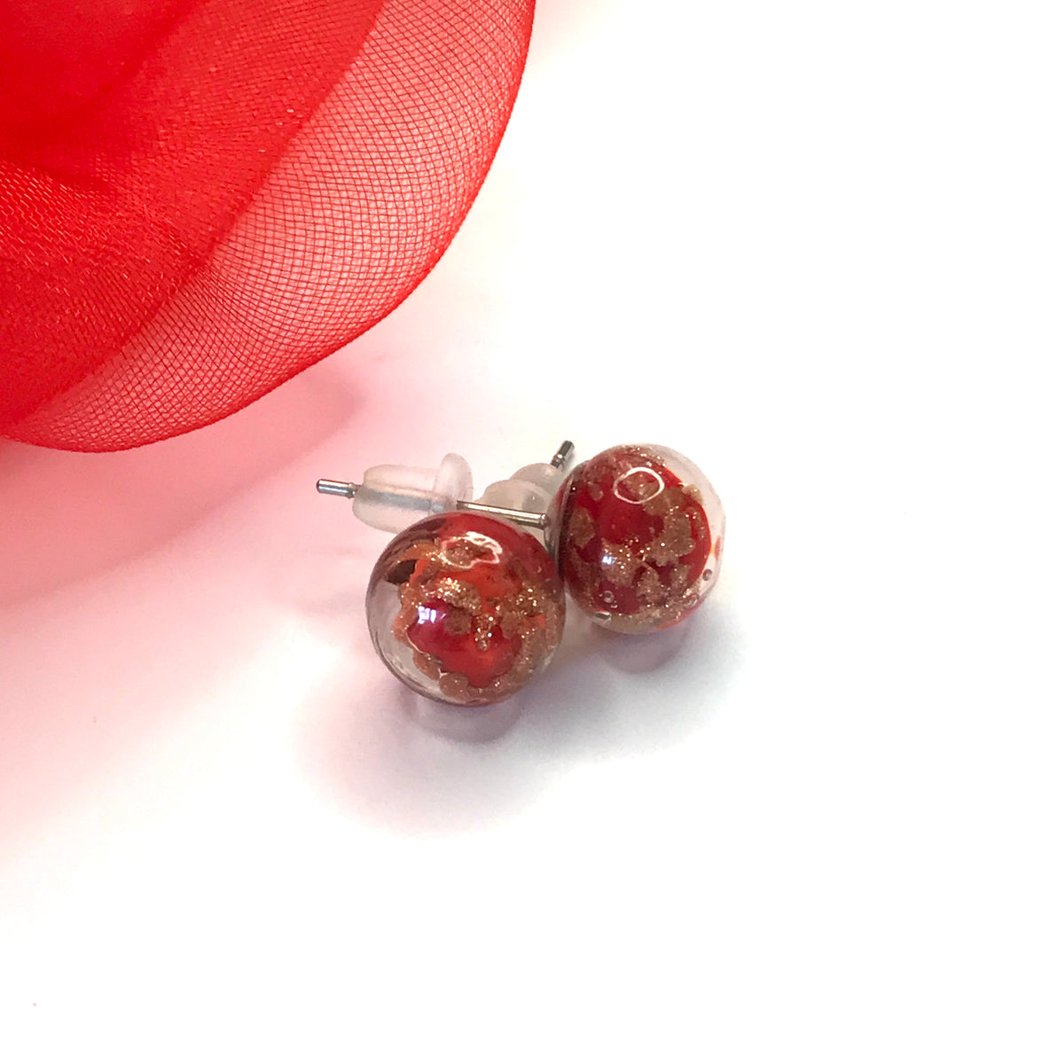 Real Murano Glass Round Ball Shaped Red Stud Earrings