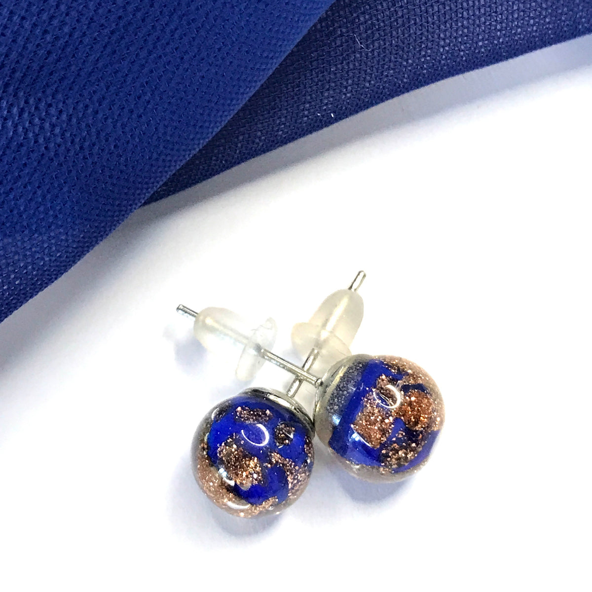 Real Murano Glass Round Ball Shaped Blue Stud Earrings
