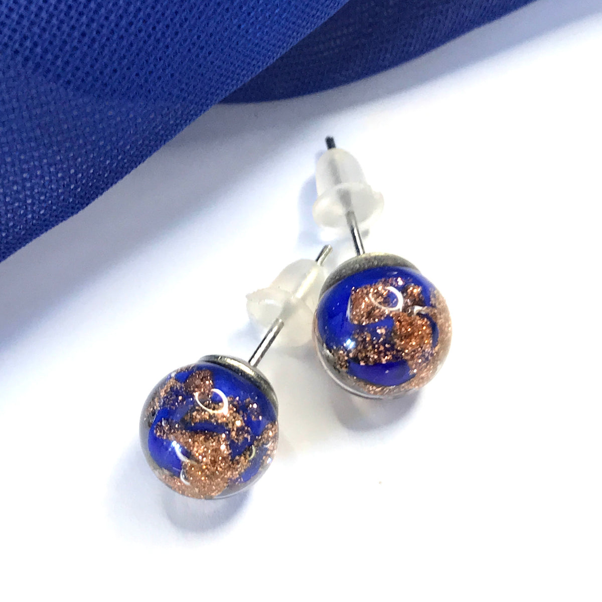 Real Murano Glass Round Ball Shaped Blue Stud Earrings