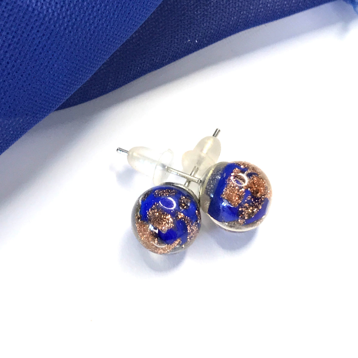 Real Murano Glass Round Ball Shaped Blue Stud Earrings