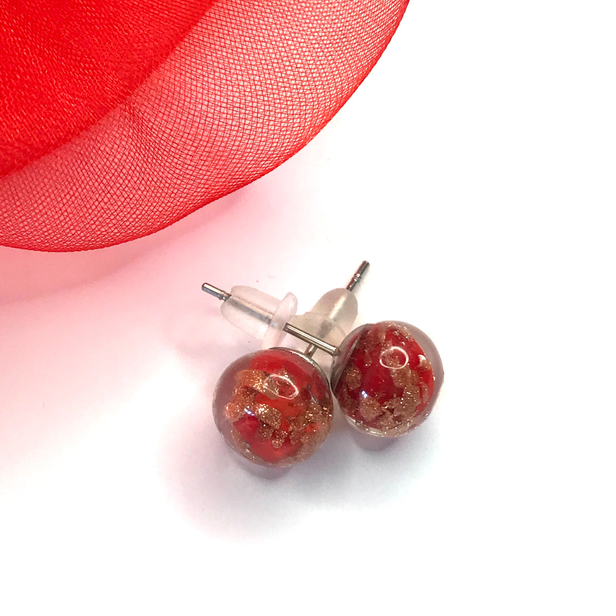 Real Murano Glass Round Ball Shaped Red Stud Earrings