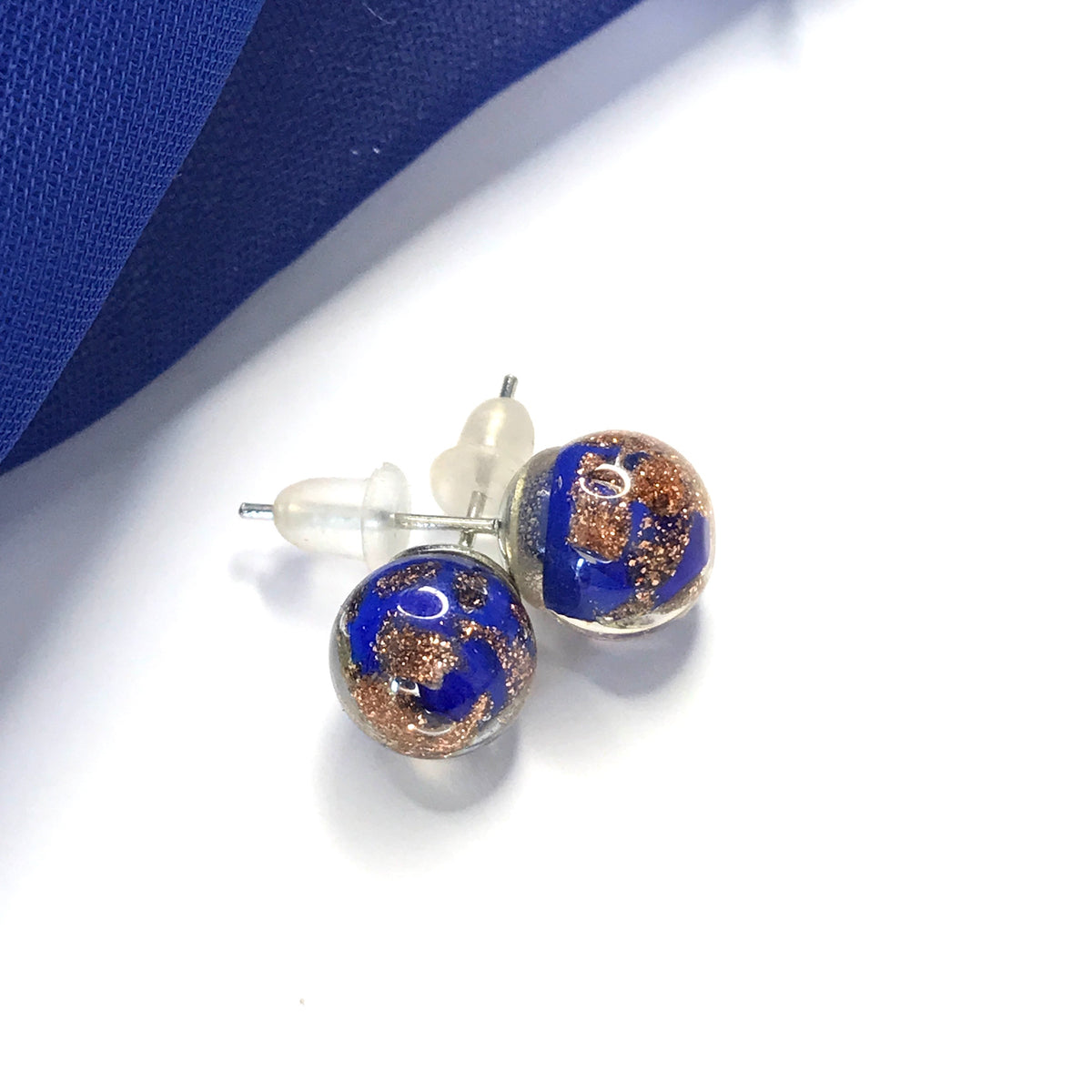Real Murano Glass Round Ball Shaped Blue Stud Earrings