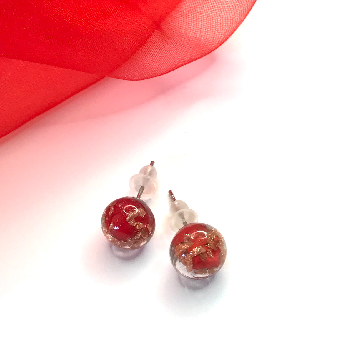 Real Murano Glass Round Ball Shaped Red Stud Earrings