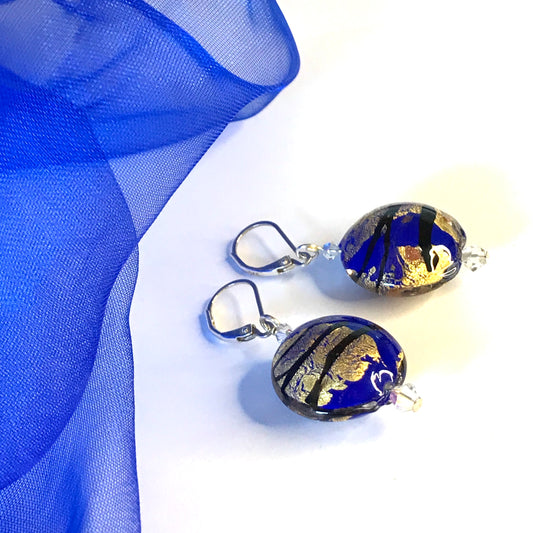 Real Murano glass dark blue And gold round drop earrings sterling silver