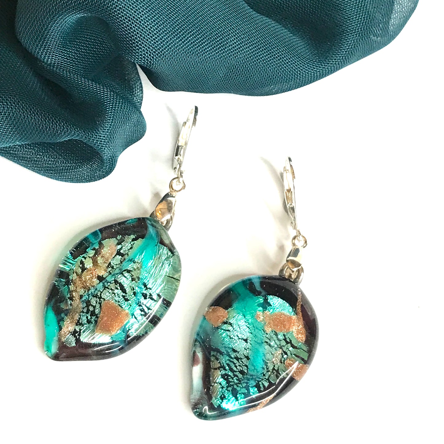 Real Murano glass light green leaf shaped drop earrings sterling silver