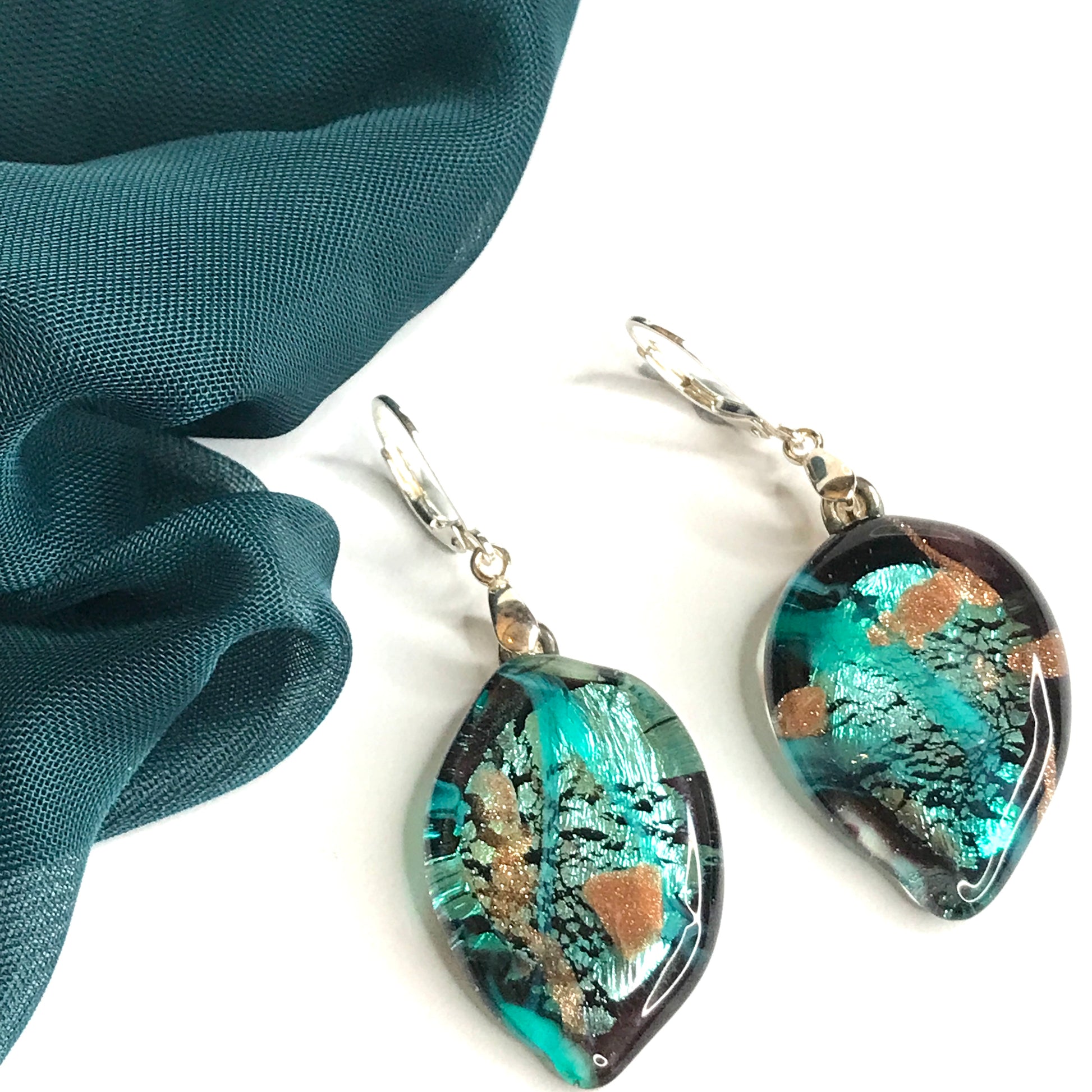 Real Murano glass light green leaf shaped drop earrings sterling silver