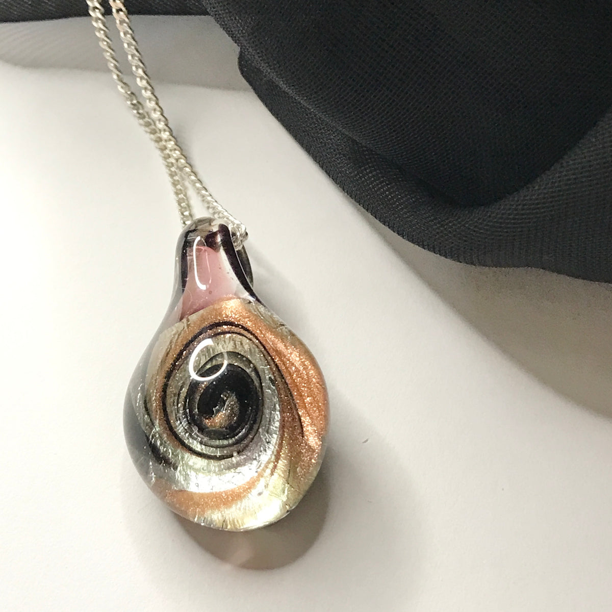 Real Murano glass necklace copper, clear and black coloured pendant including chain