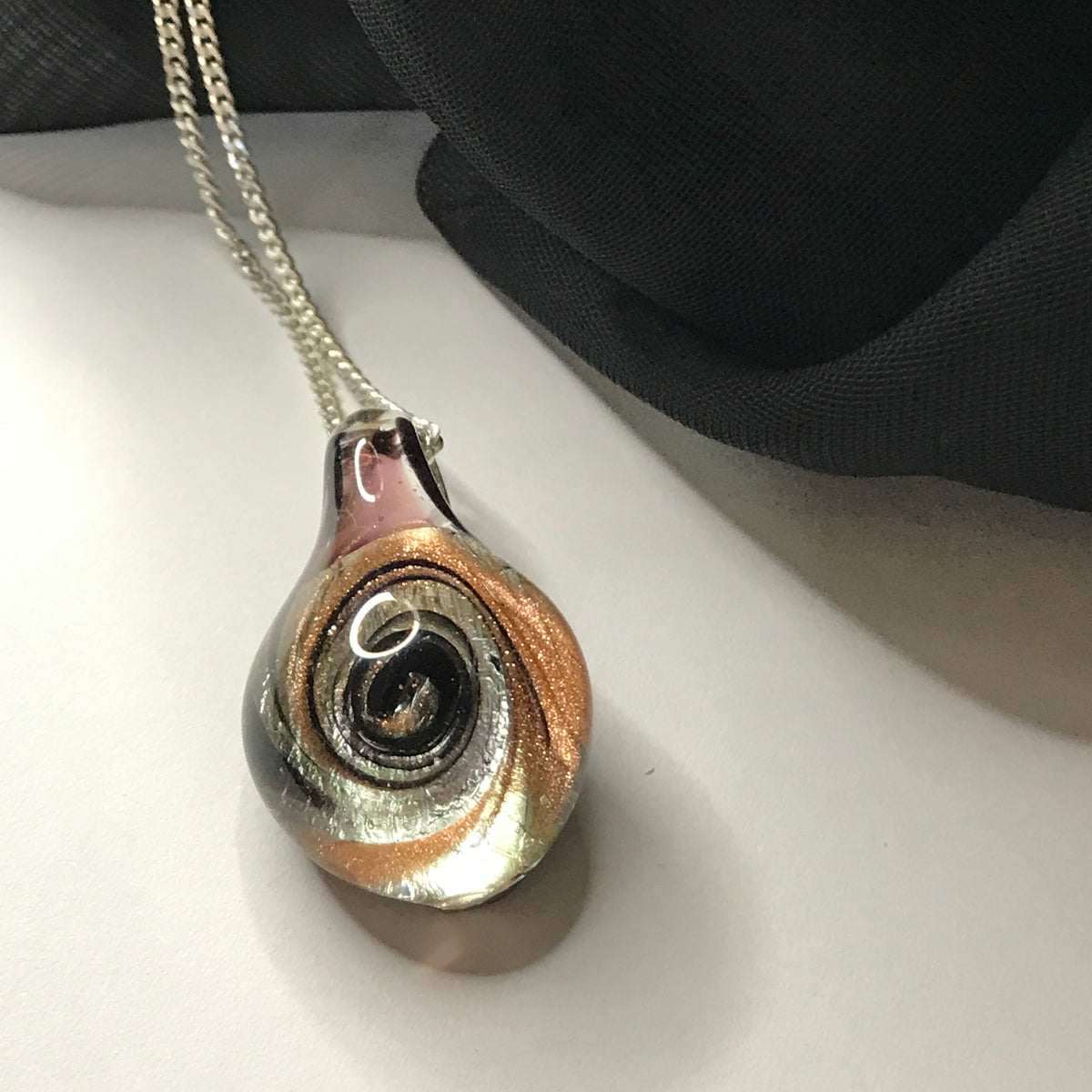 Real Murano glass necklace copper, clear and black coloured pendant including chain