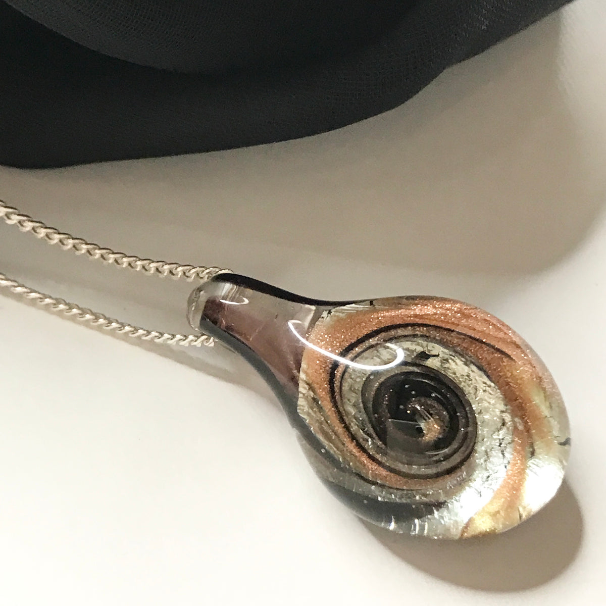 Real Murano glass necklace copper, clear and black coloured pendant including chain
