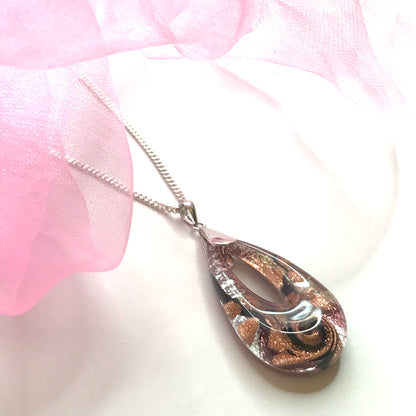 Real Murano glass necklace copper coloured teardrop open pendant