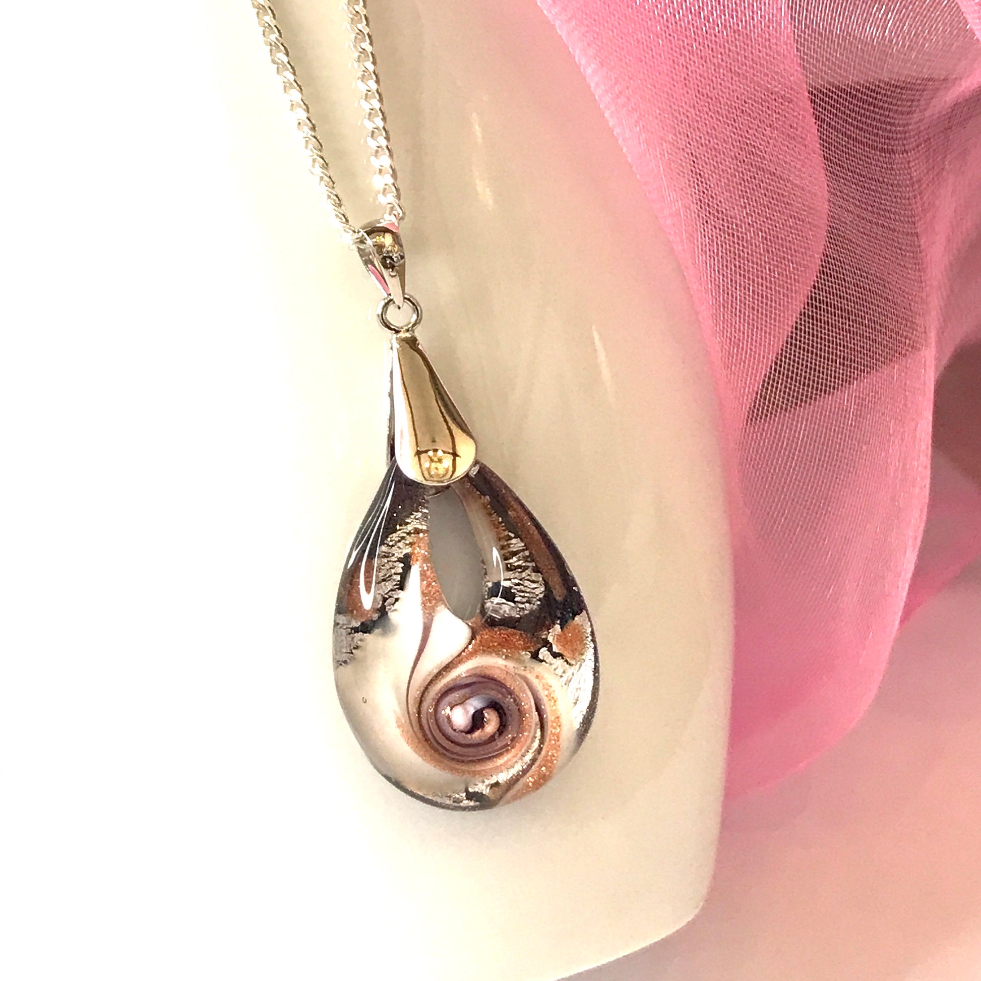 Real Murano glass necklace gold and white pendant teardrop pear shape