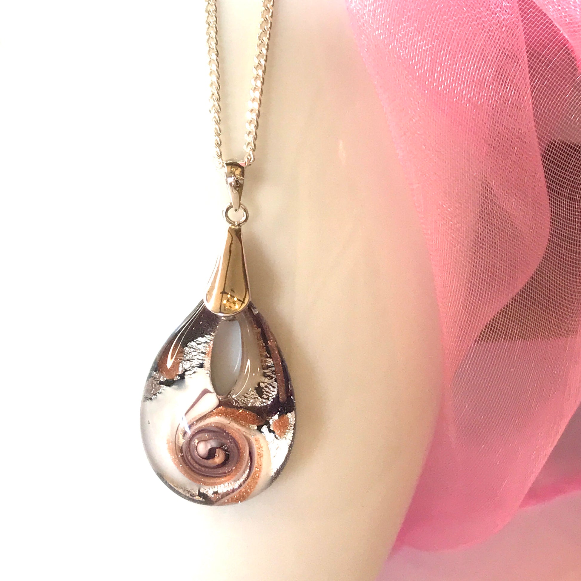 Real Murano glass necklace gold and white pendant teardrop pear shape